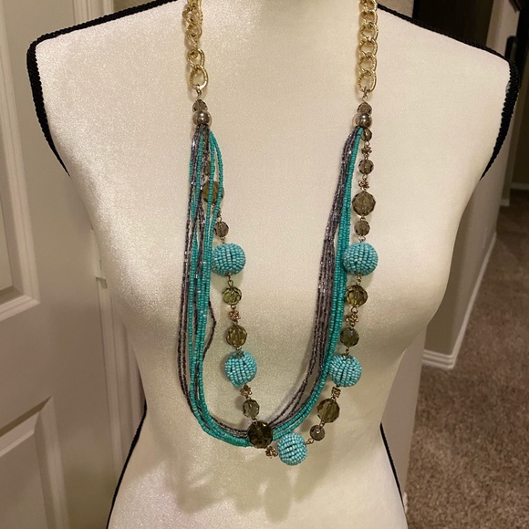 Turquoise and Gold Colored Beaded Necklace - Picture 9 of 9